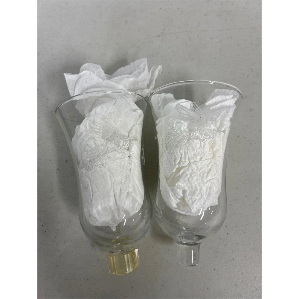 Set of 2 Etched Angel with Trumpet‎ Clear Glass Hurricane Peg Candle Shades